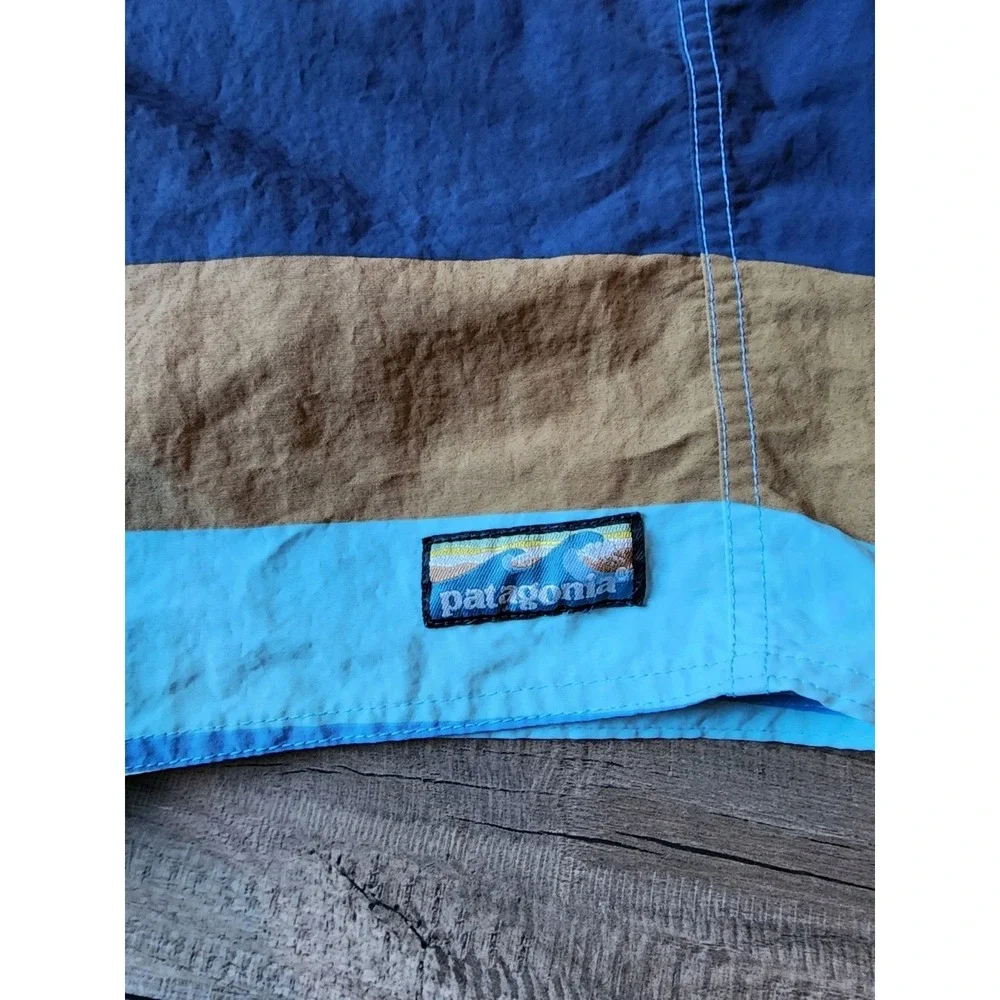 PATAGONIA WAVEFARER BOARD SHORTS MENS SIZE 30 19" STRIPED BLUE BROWN SWIM TRUNKS - Picture 2 of 7